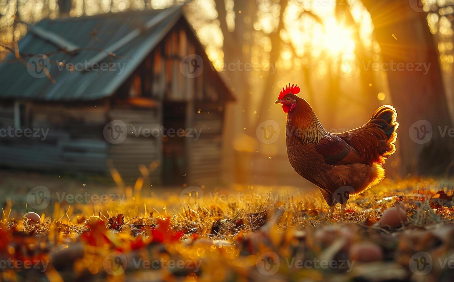 A chicken is standing in a field of autumn leaves photo
