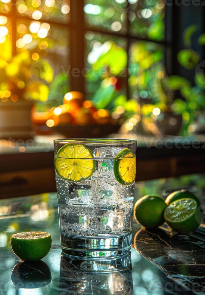A glass of water with a lime in it sits on a counter photo