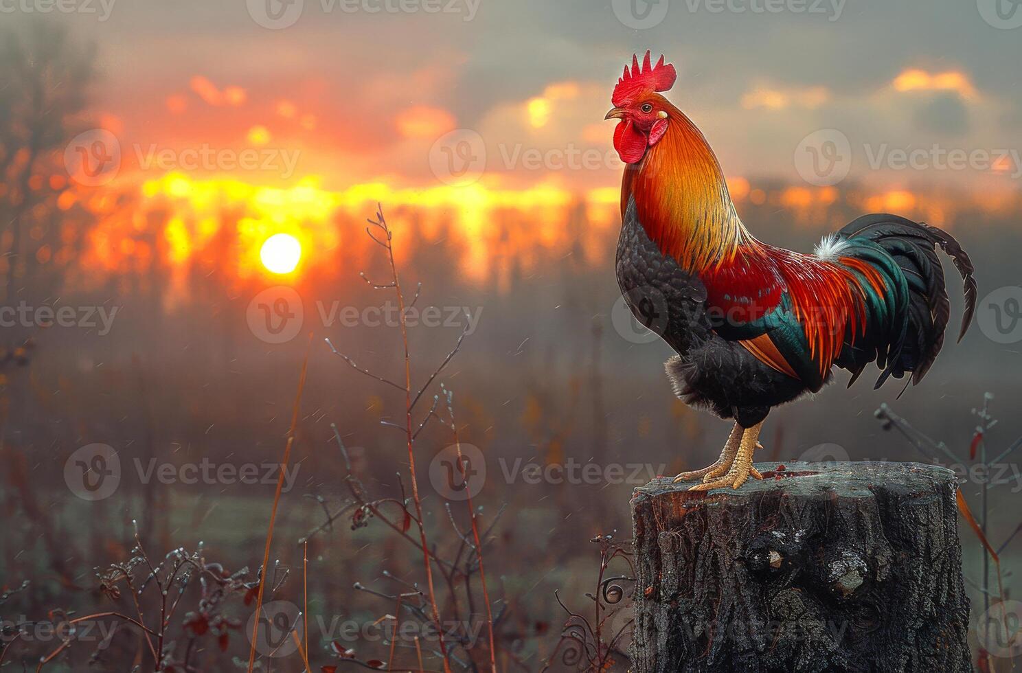 A rooster stands on a stump in a field with a sunset in the background photo