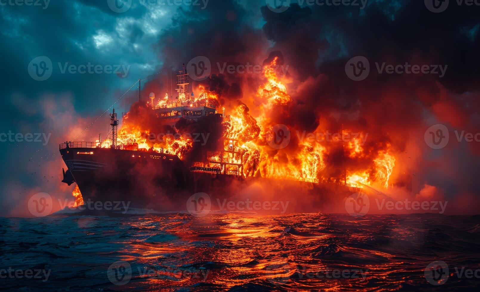 A large ship is on fire in the ocean photo
