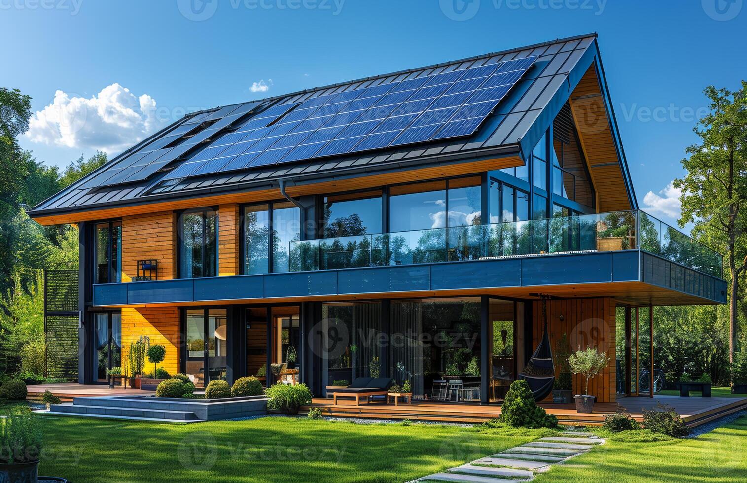 A large house with a lot of windows and a solar panel on the roof photo