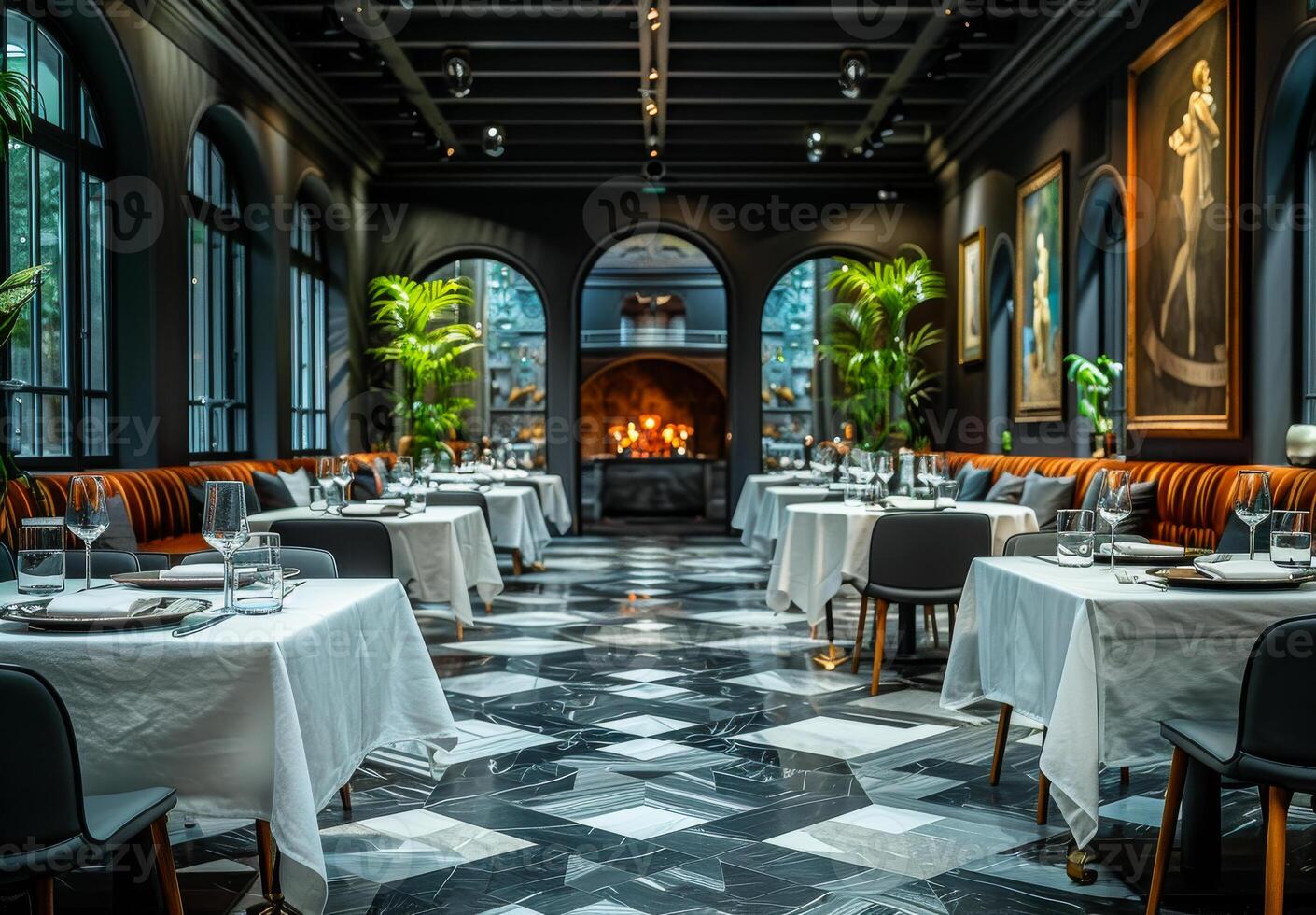 A large restaurant with a black and white checkered floor and white tablecloths photo