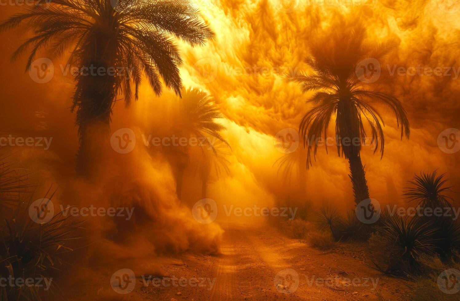 A sandy road with palm trees in the background photo
