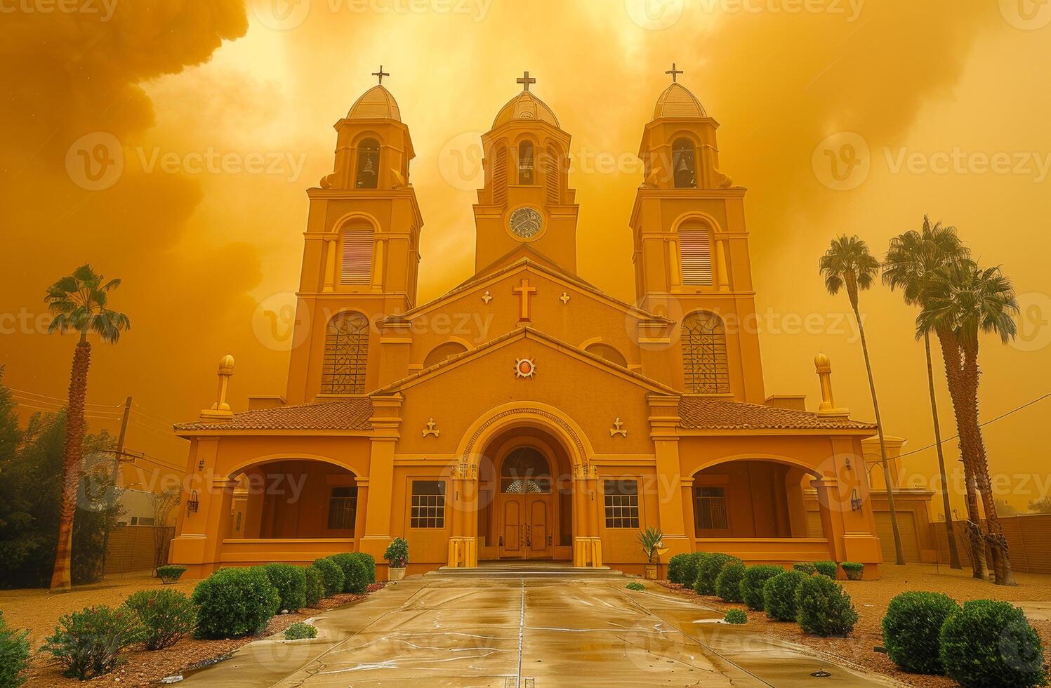 A large yellow church with a cross on the front photo