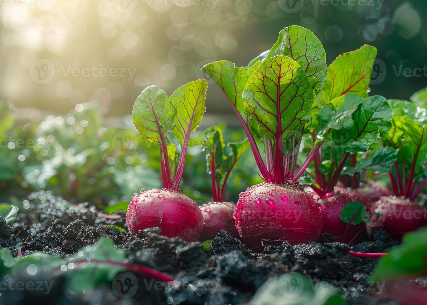 A bunch of radishes are growing in a garden photo