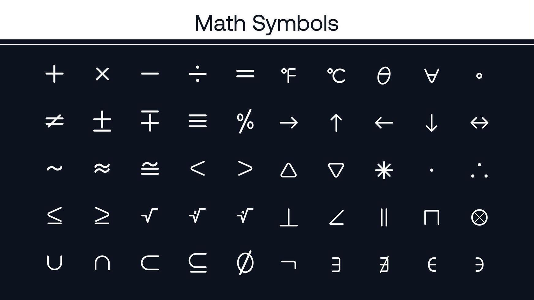 Mathematical symbols, math symbols, plus, minus, division, set, union, intersection, percent, greater than, less than, angle, square root, cube root, subset, equals, equals to, theta vector