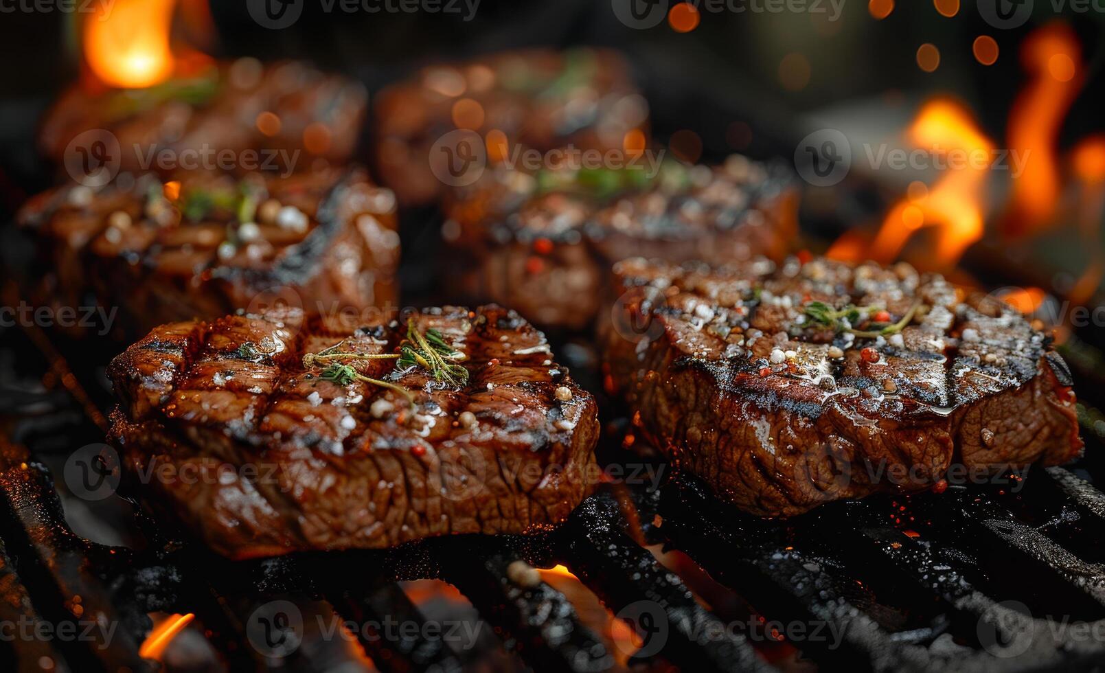 A close up of a grill with five pieces of meat on it photo
