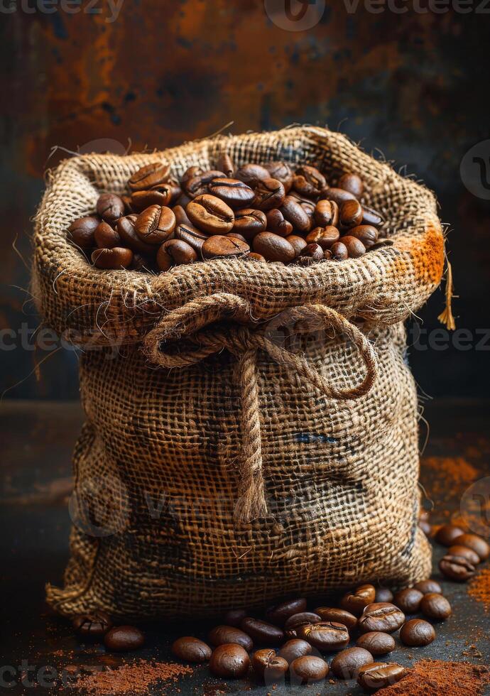 A bag of coffee beans is sitting on a table photo