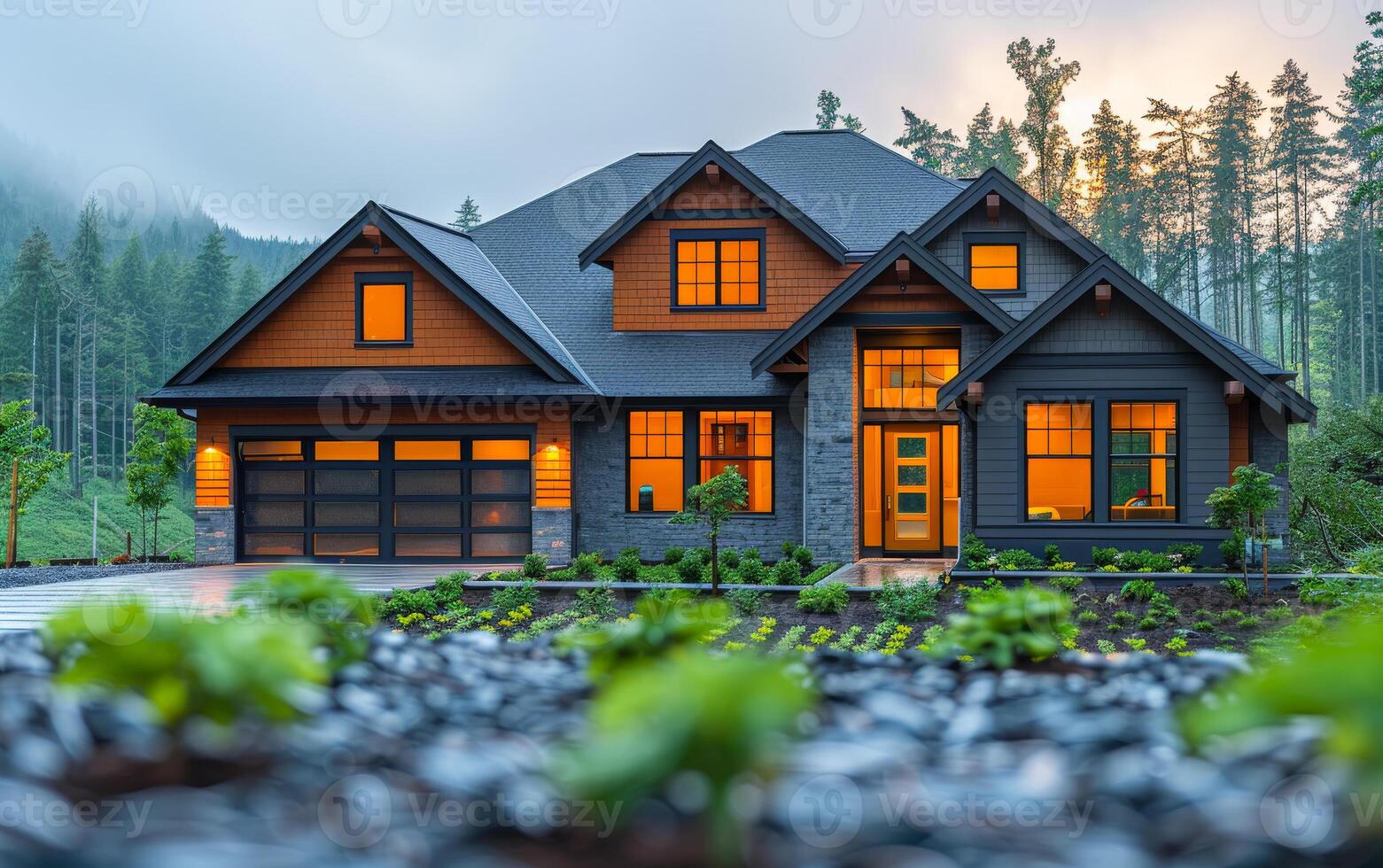 A large house with a green lawn and a driveway photo