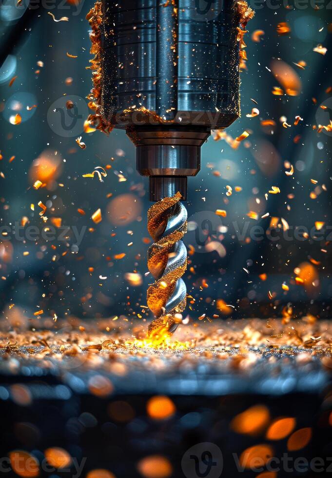 A drill bit is spinning and creating a lot of dust photo