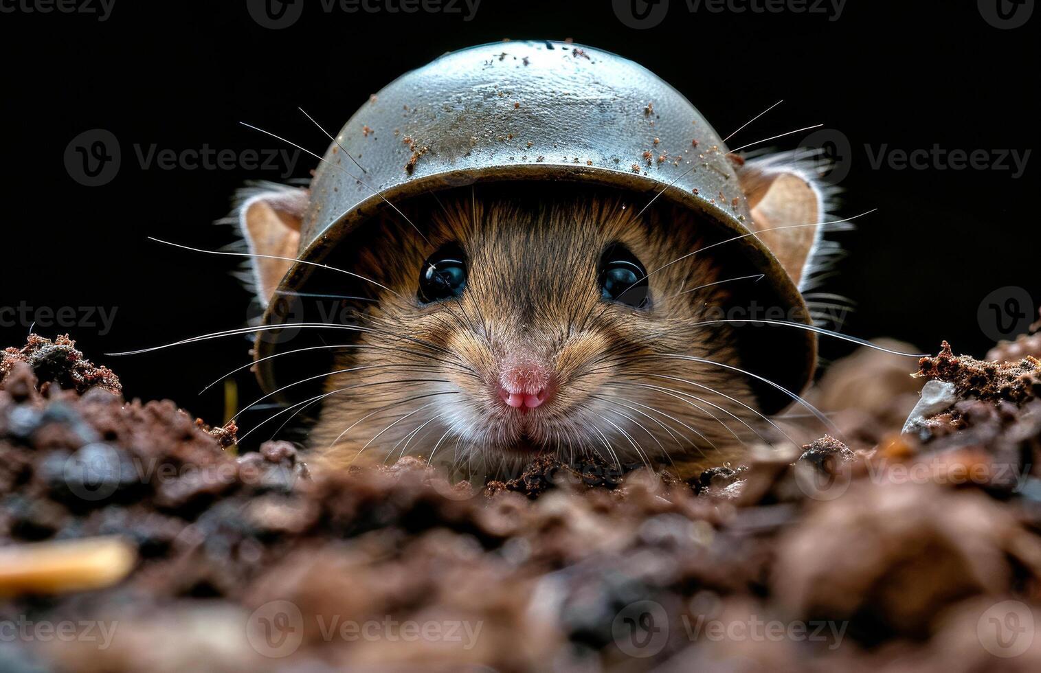A small mouse is wearing a helmet and looking at the camera photo