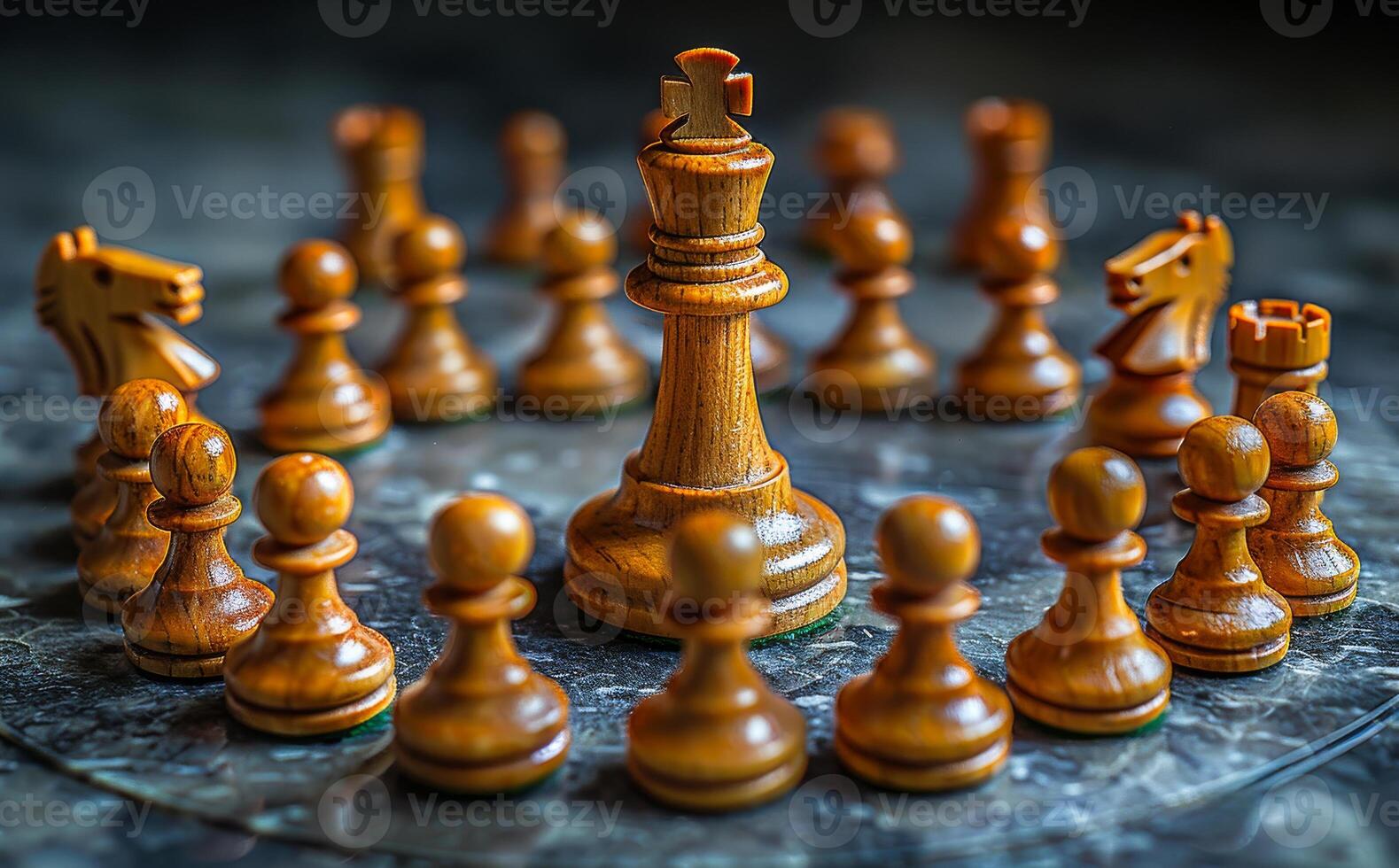 A wooden chess set with a king and pawns surrounding it photo