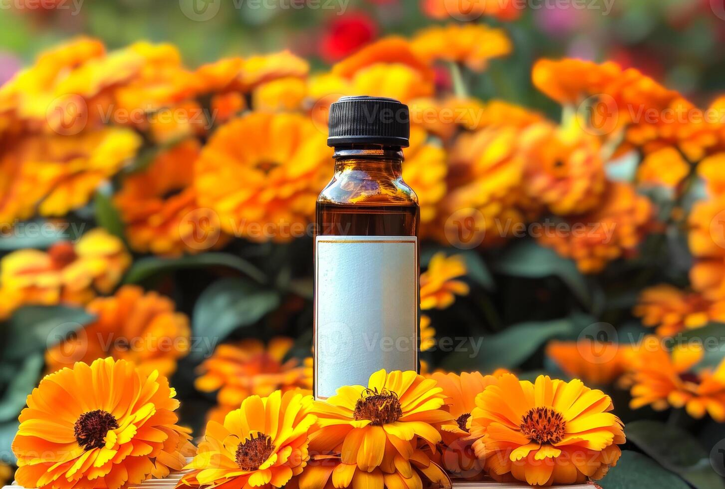 Bottle of calendula essential oil with fresh calendule flowers in the background photo