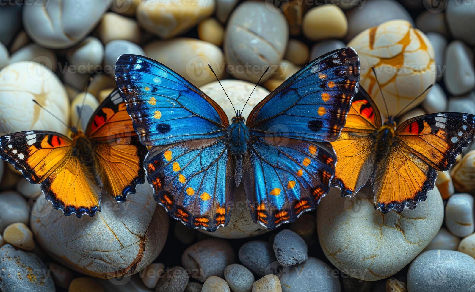 Three butterflies are sitting on the stones photo