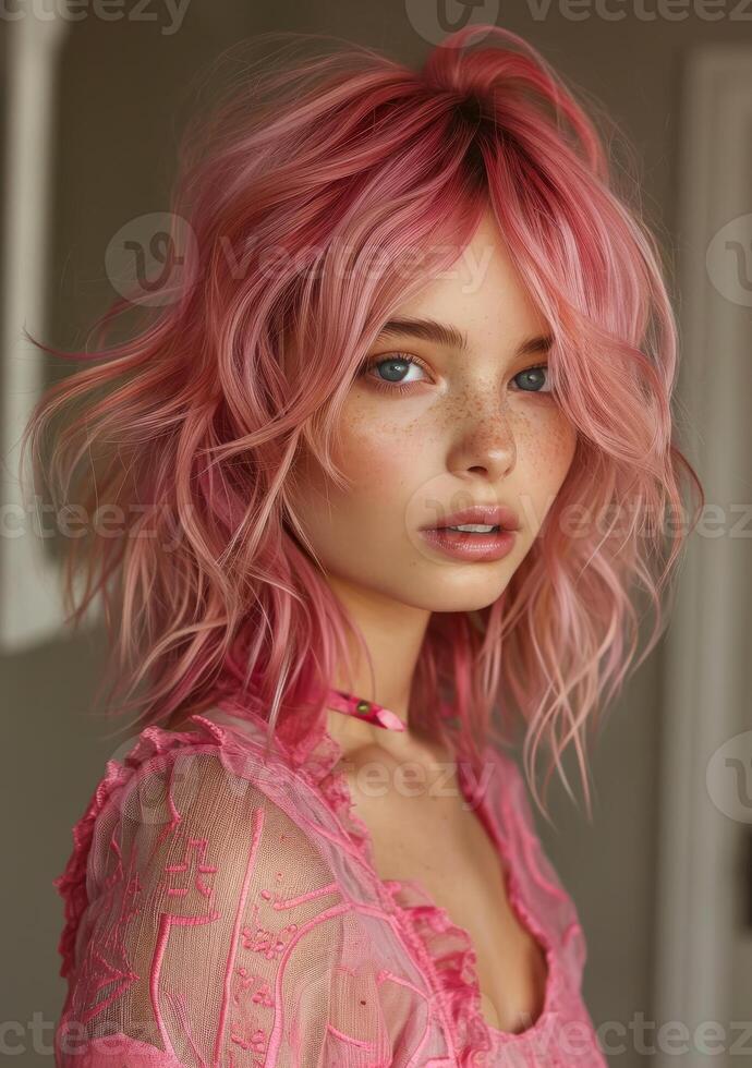 Portrait of beautiful young woman with pink hair photo