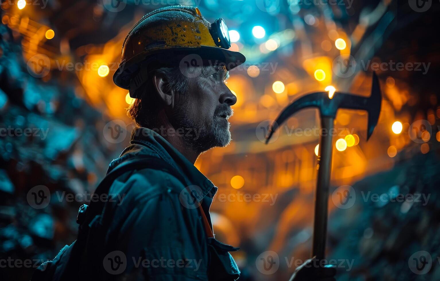 Miner standing in mine with pickaxe photo