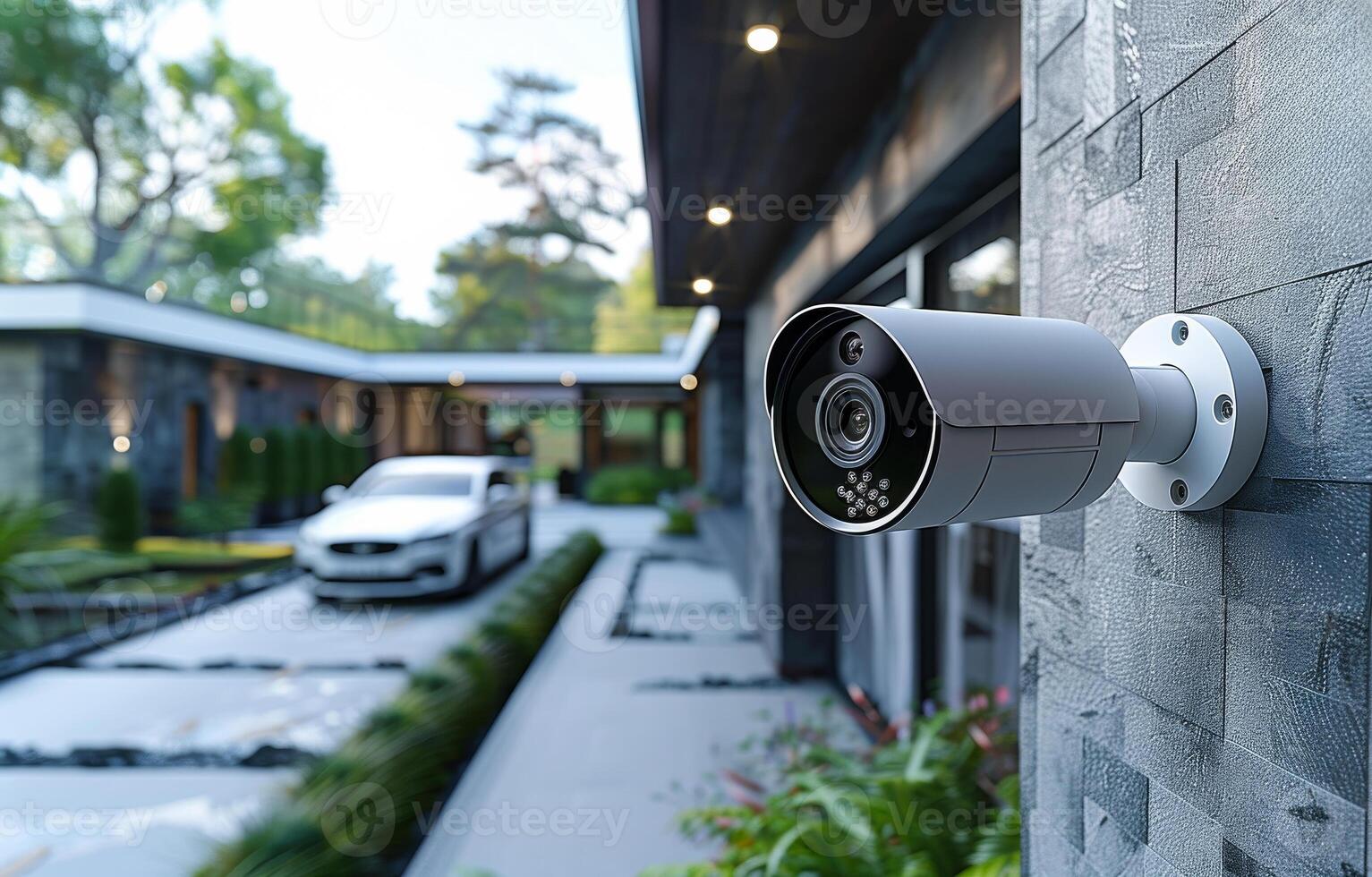 Security camera mounted on the wall and car parked outside photo