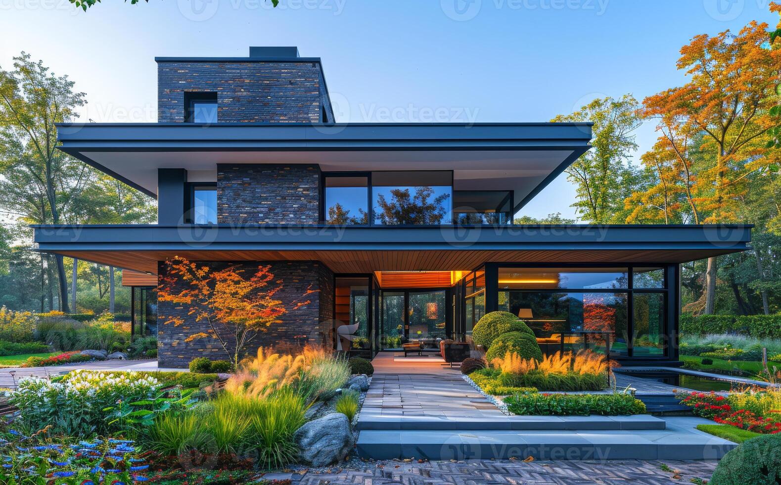 Modern house with beautiful garden in autumn photo