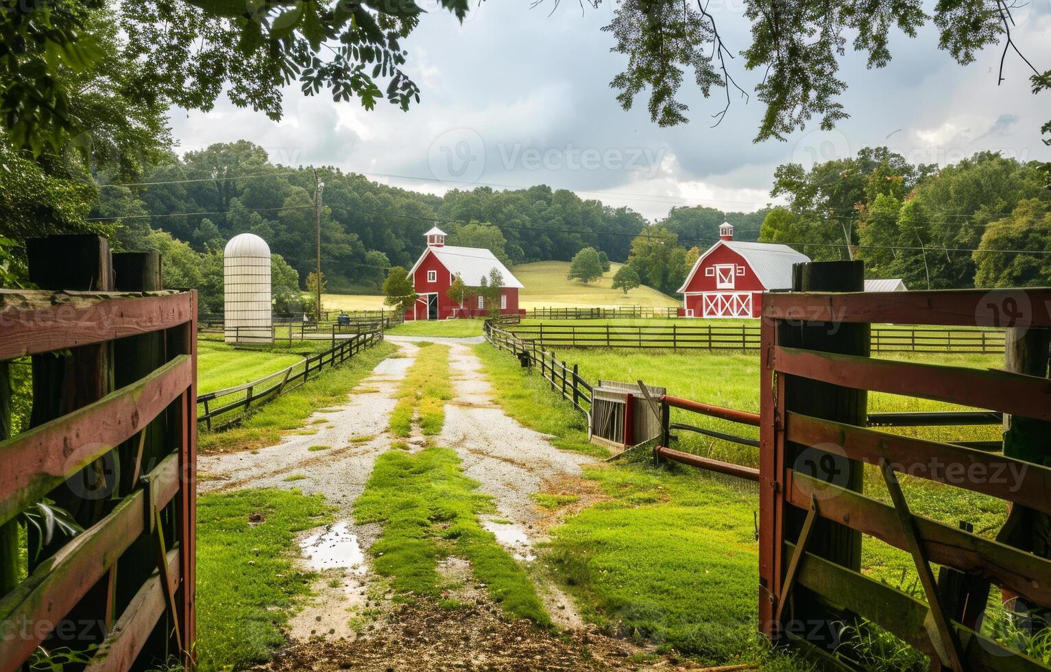 Red barn and silos on farm in the rural photo