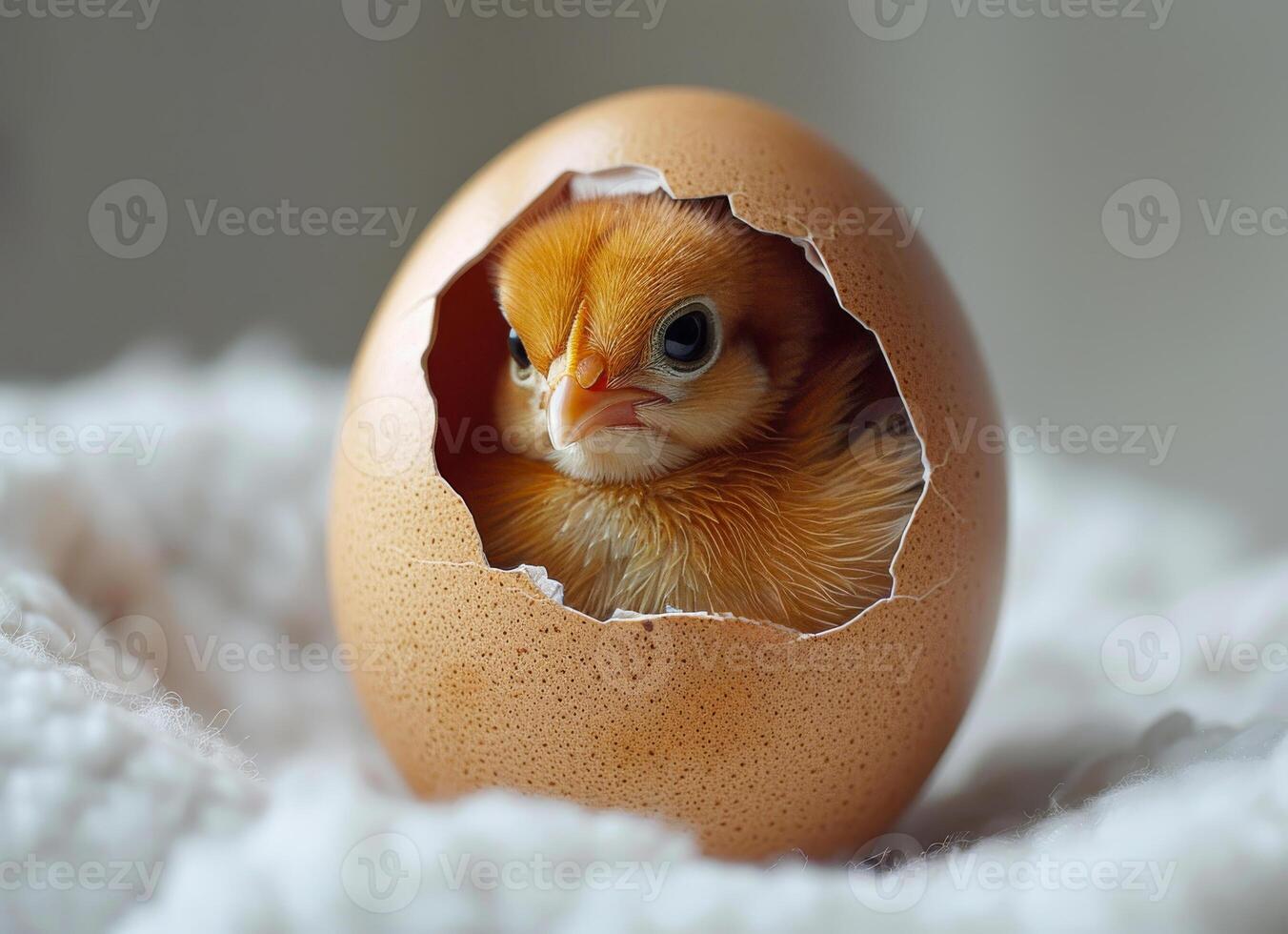 Baby chick peeks out of egg shell photo