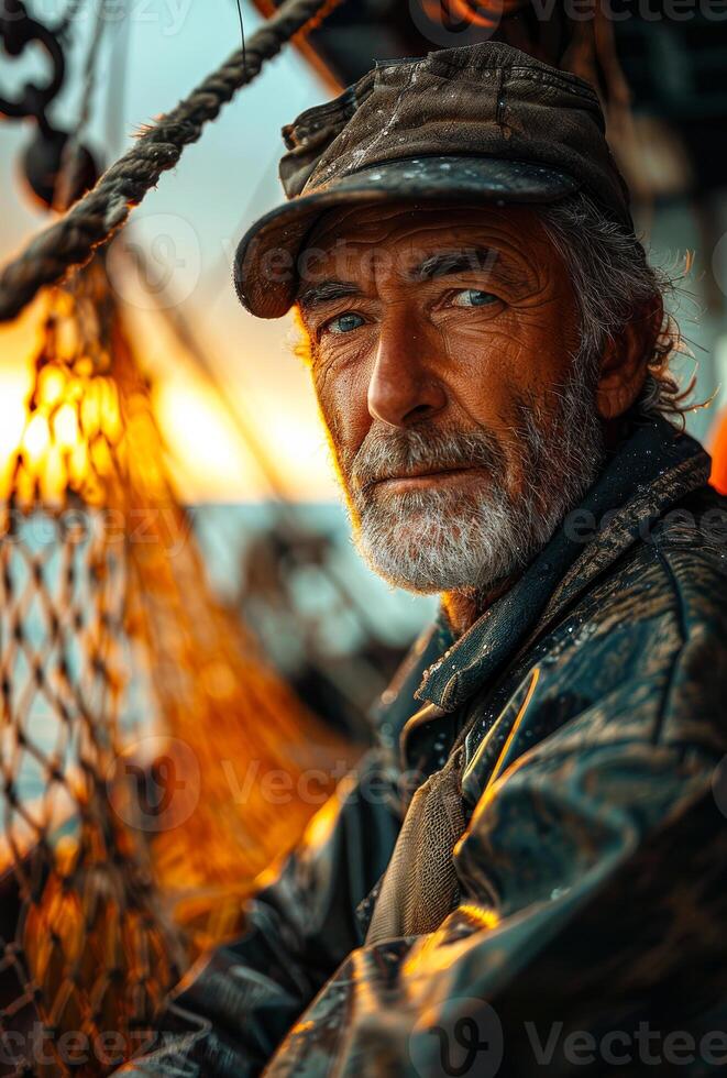 Fisherman sits in his boat and prepare fishing net for new day photo