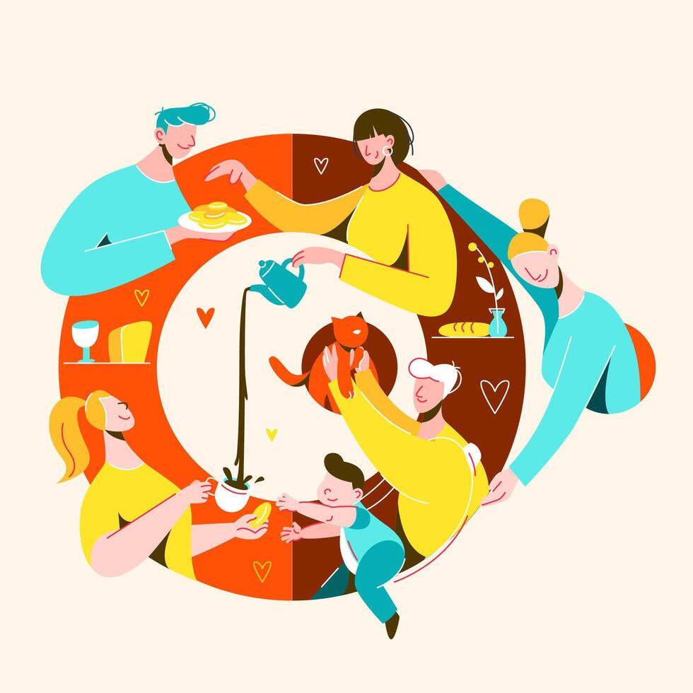 Happy family, warm comfort home, cat and baby, happy people eating dinner or breackfast, care, relax, cookies and coffee, nice family vacation, in circle vector