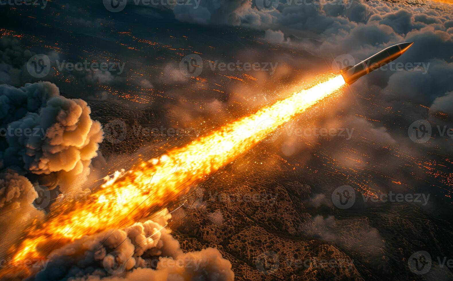 Rocket flies through the clouds. Close up of a rocket launcher firing a salvo photo