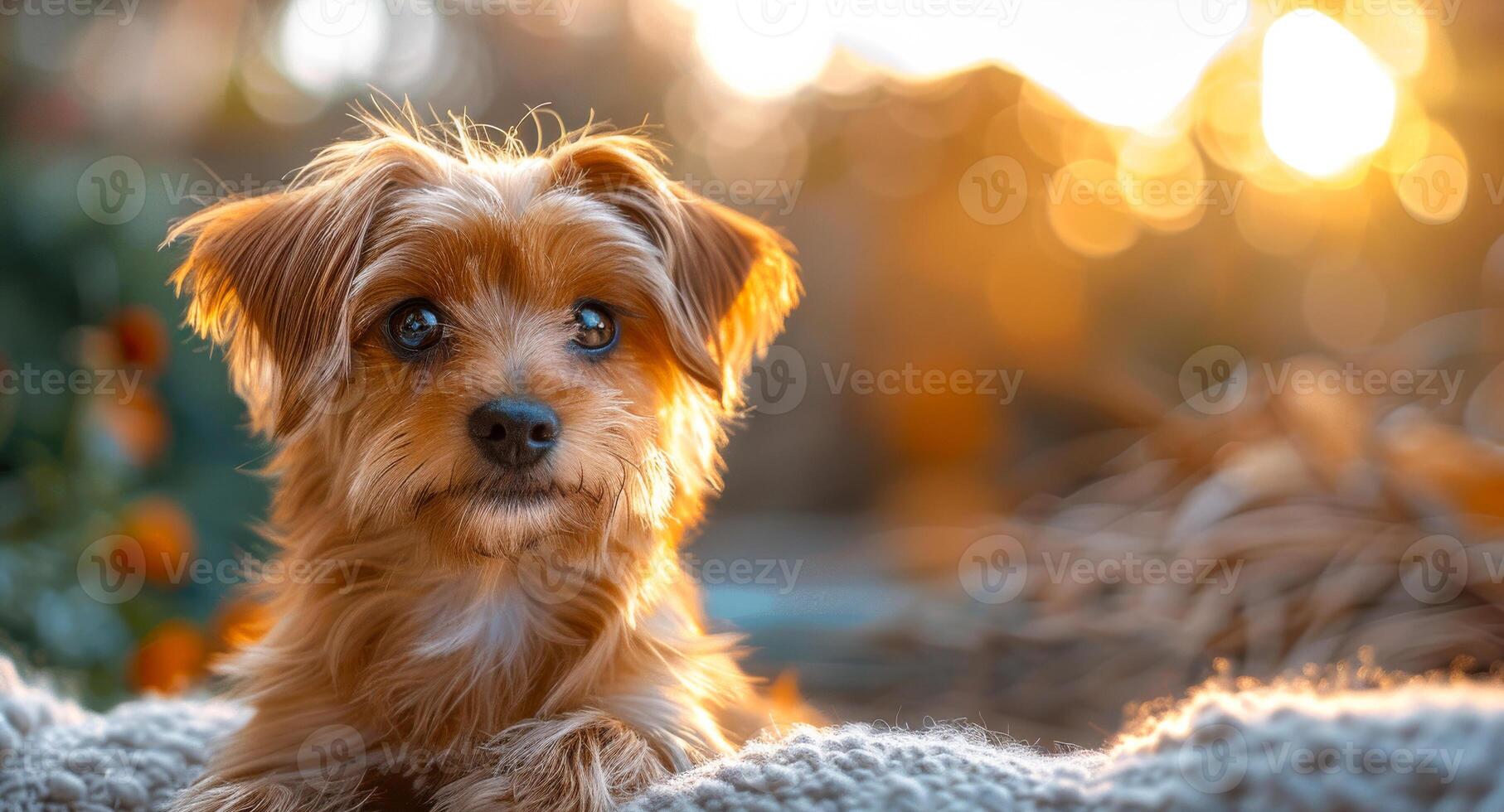 Cute small dog sitting on blanket in the garden at sunset photo