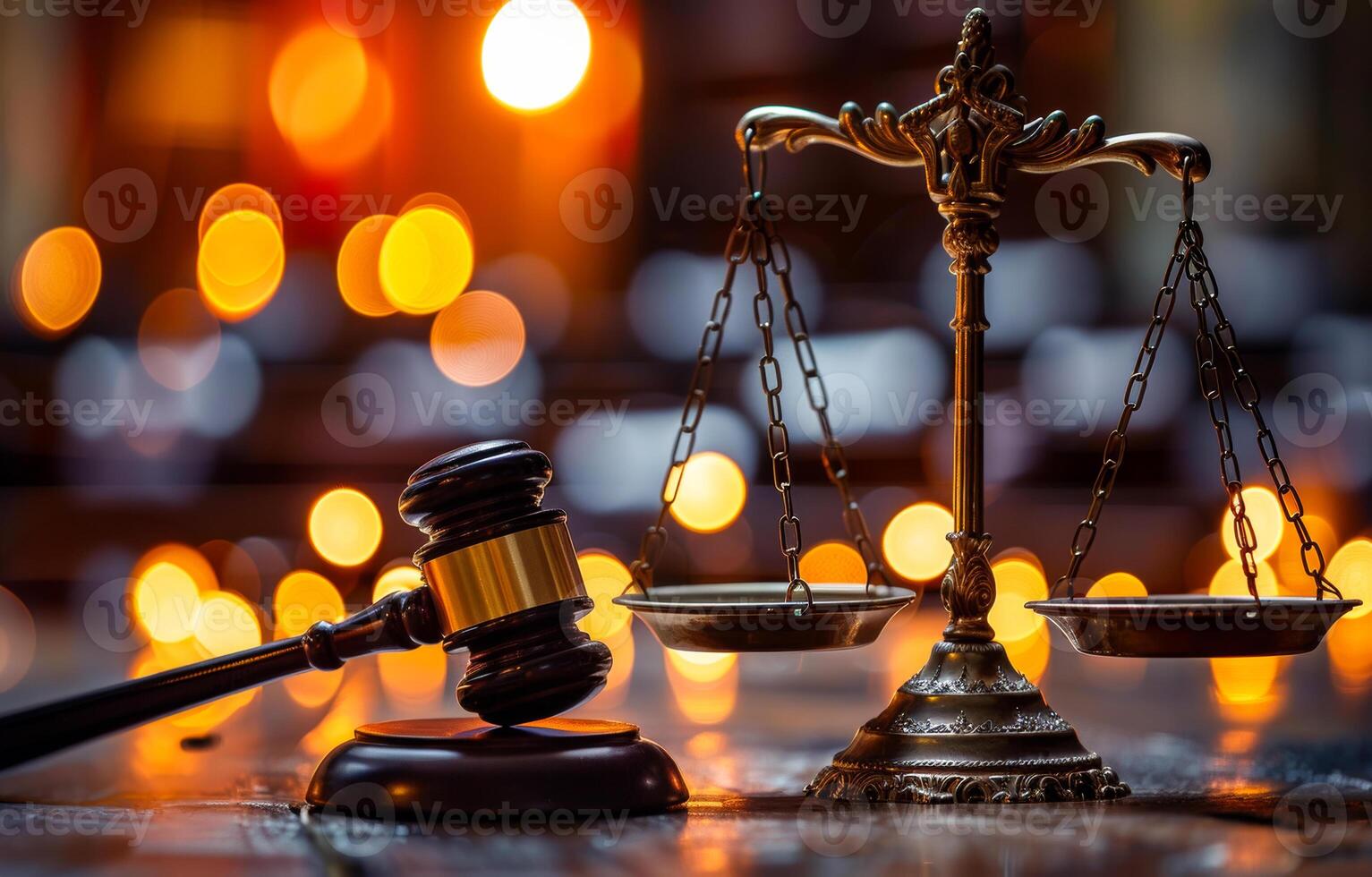 A gavel and scales of justice are on a table photo
