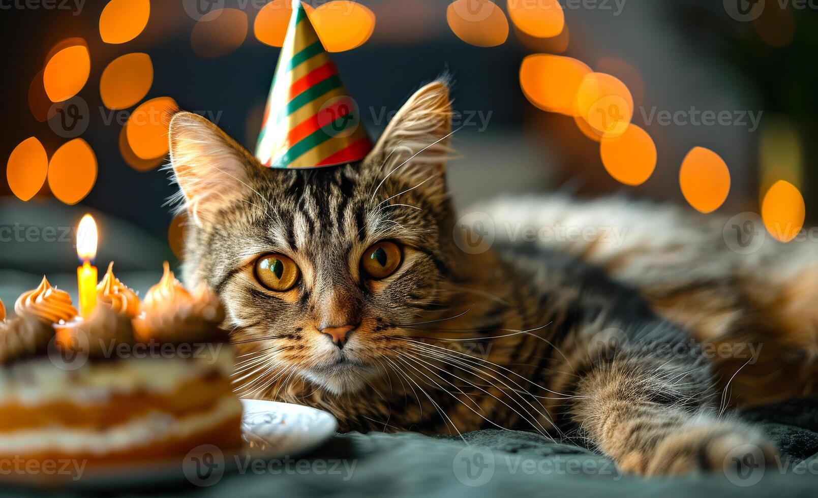 A cat wearing a birthday hat next to a cake with candles on a green background photo