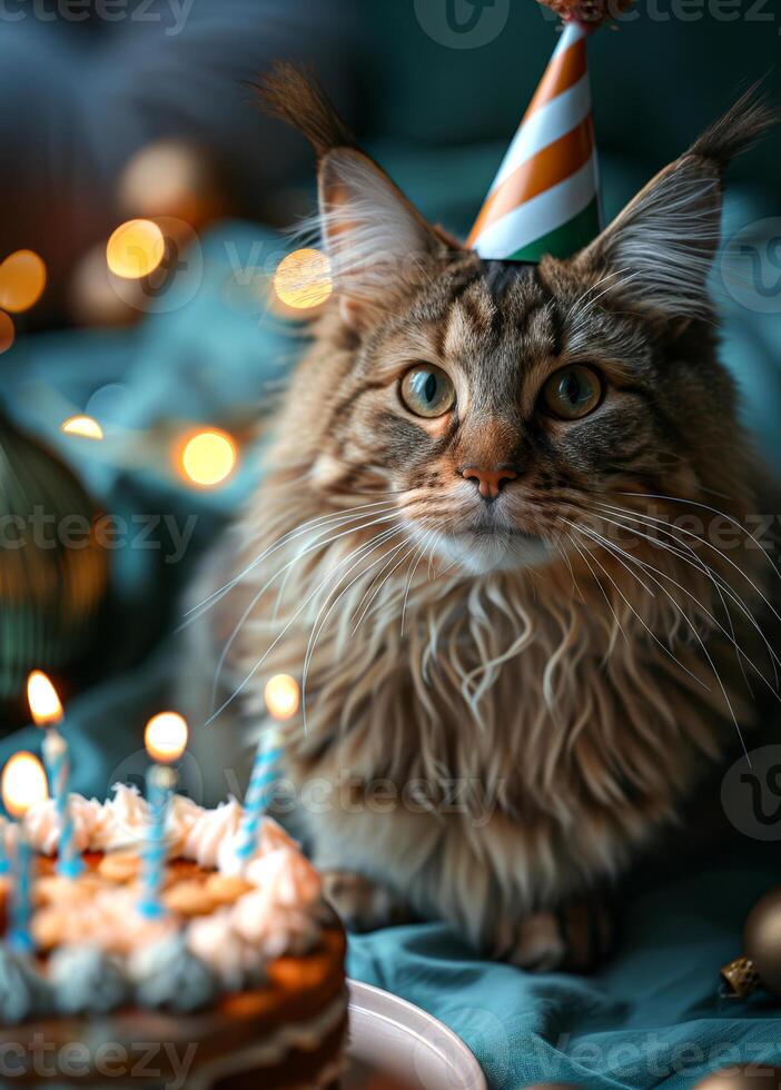 A cat wearing a birthday hat next to a cake with candles on a green background photo