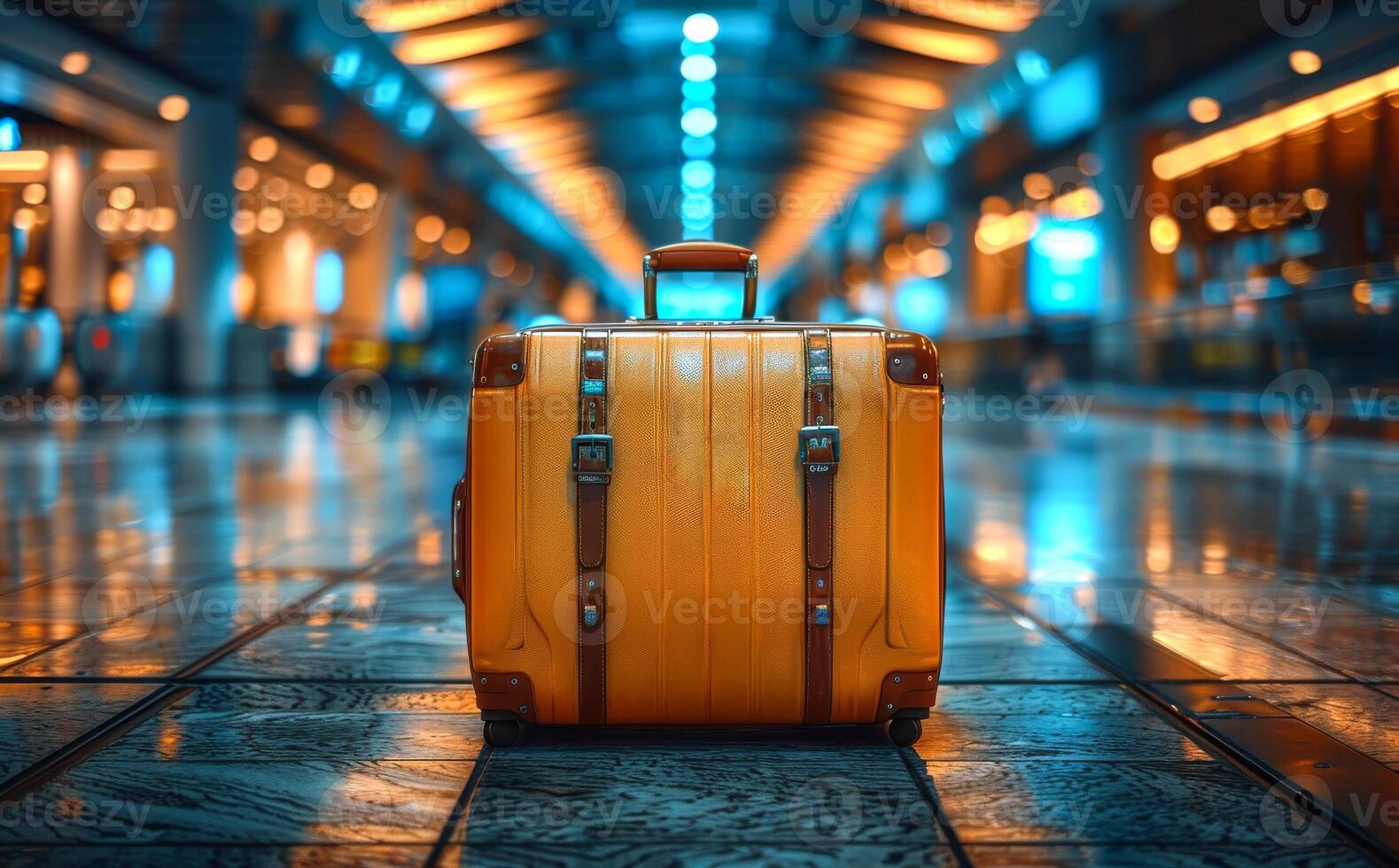 A suitcase is sitting on the floor in a dimly lit room photo