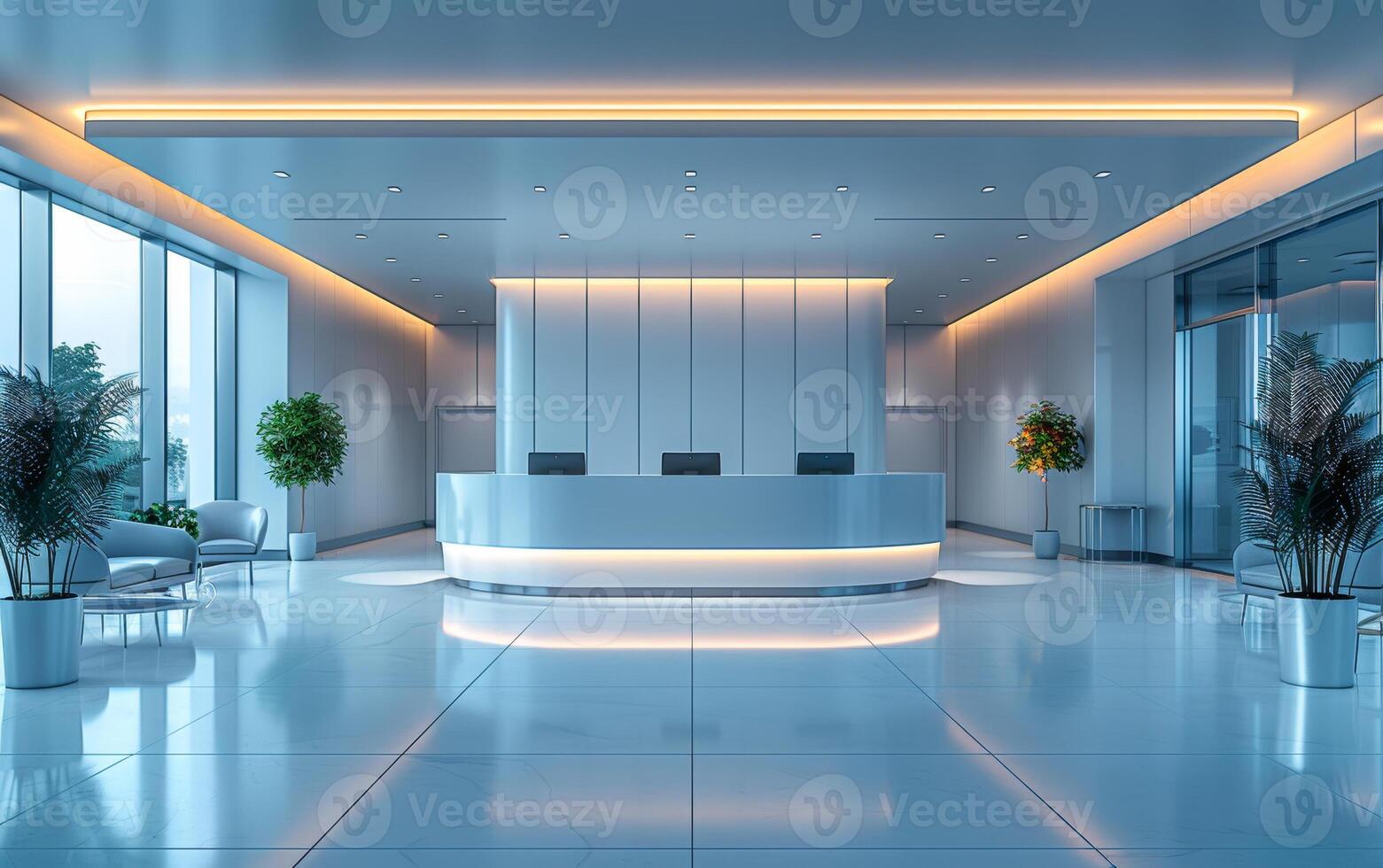 A large, open lobby with a white wall and a white floor photo