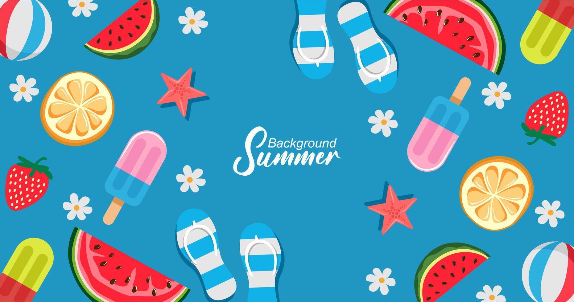 Summer banner with ice cream, fruits and flowers. illustration. vector
