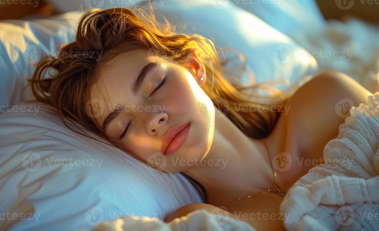Beautiful young woman is sleeping in the bed photo