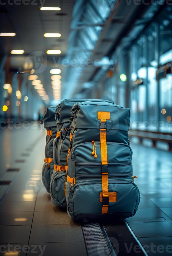 Three backpacks are lined up on a floor in a terminal photo