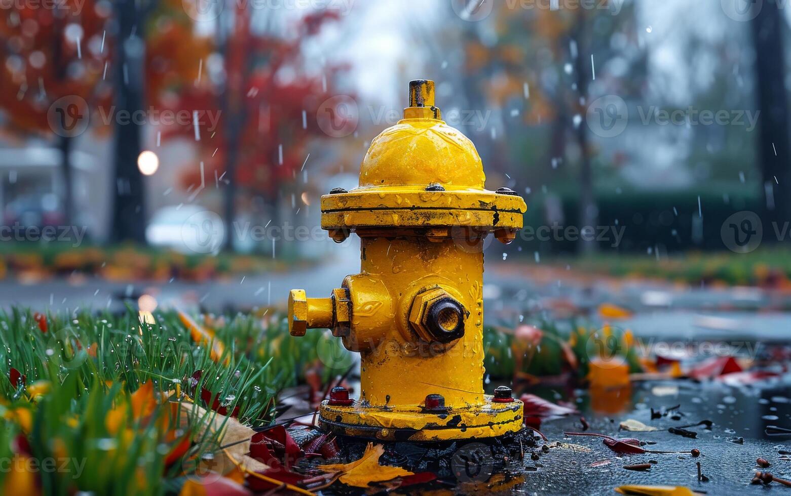 Yellow fire hydrant is wet from rain and the leaves are falling from the trees. photo