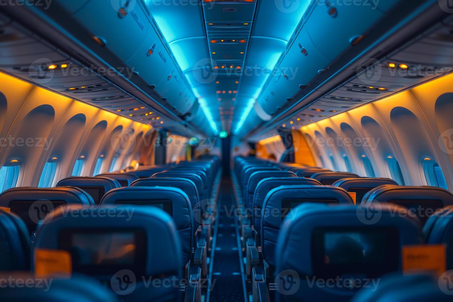The inside of an airplane is lit up with blue lights photo