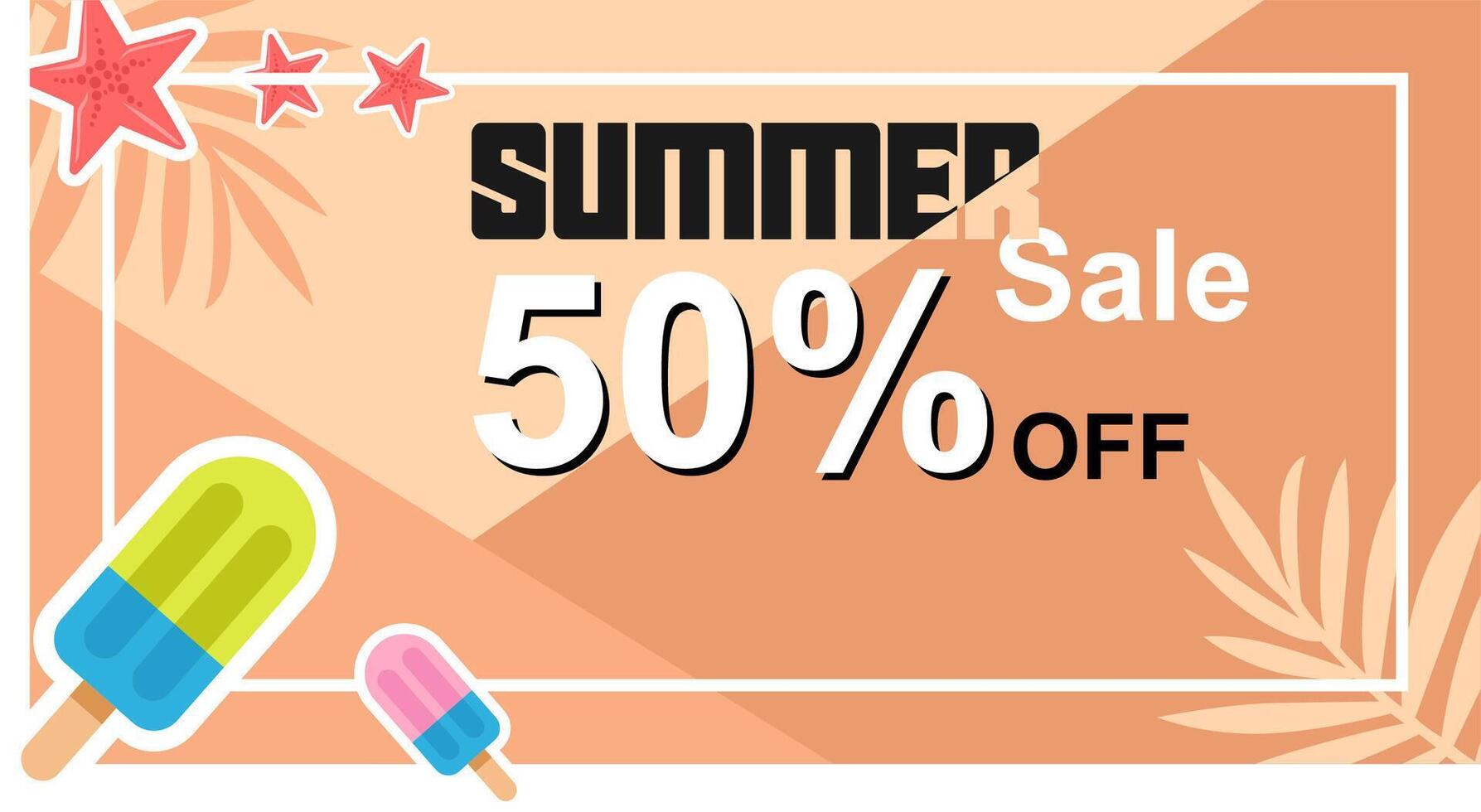 Creative summer sale banner in trendy bright colors with tropical leaves and discount text vector