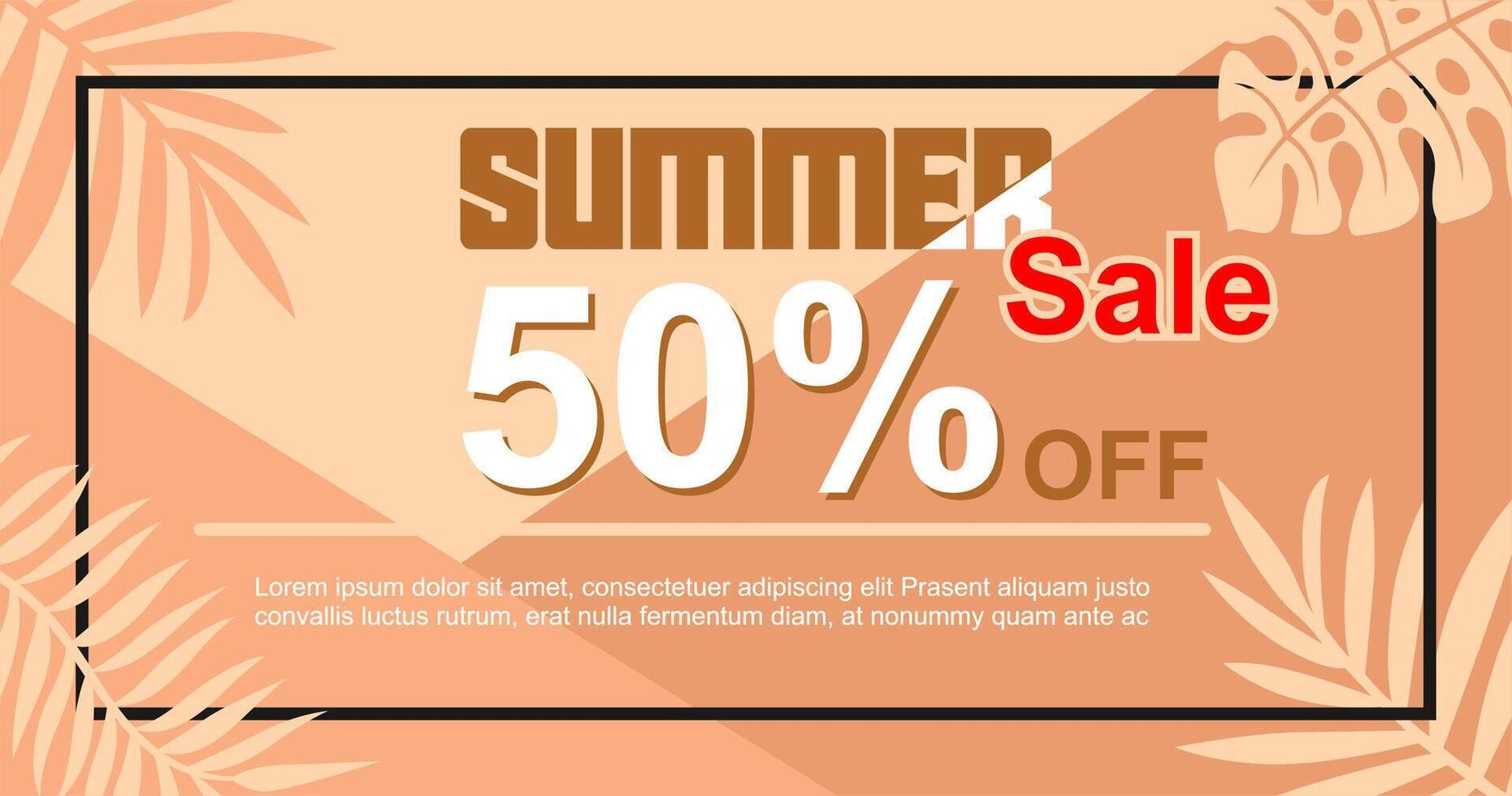 Creative summer sale banner in trendy bright colors with tropical leaves and discount text vector