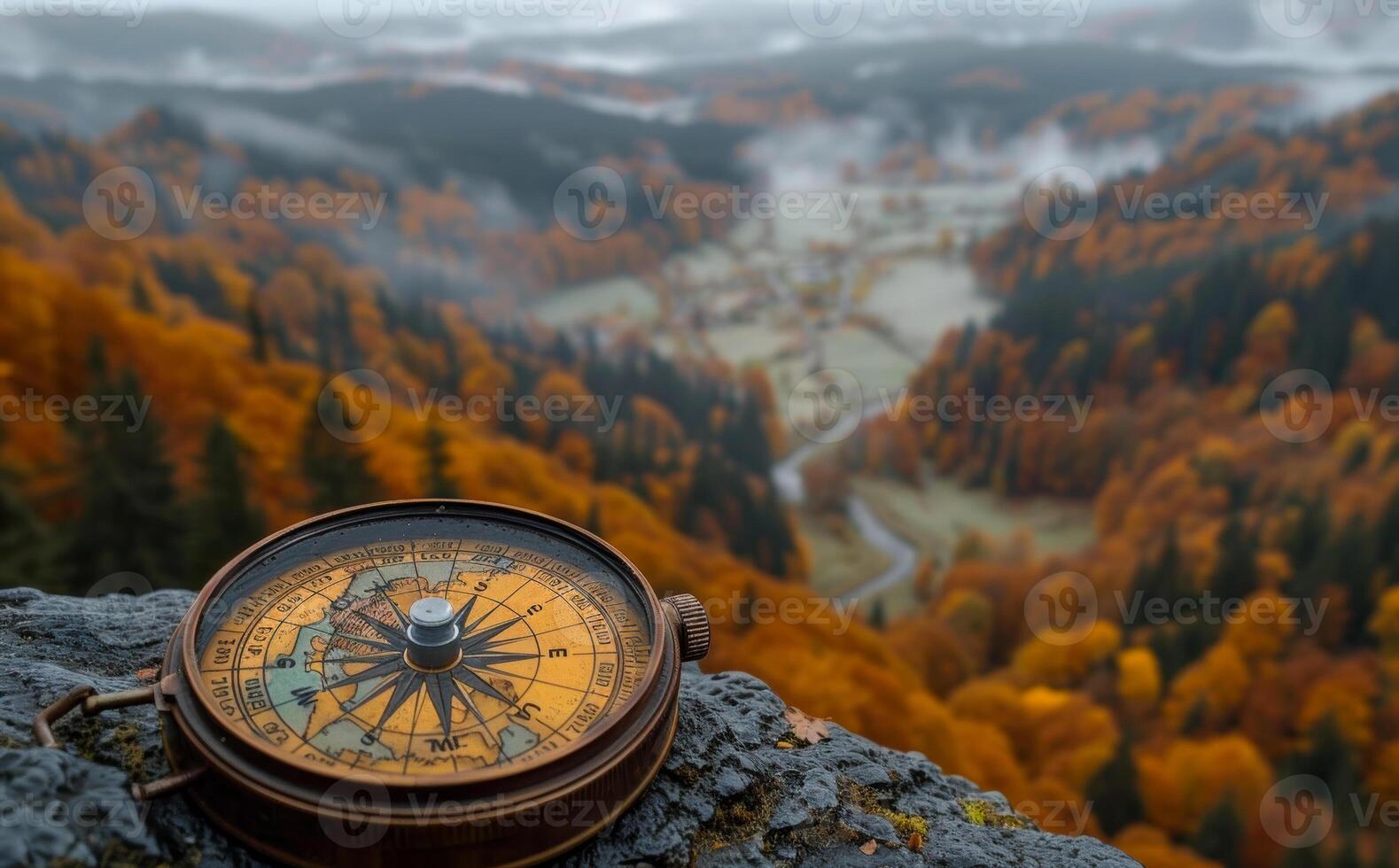 Compass sits on rock overlooking forest photo