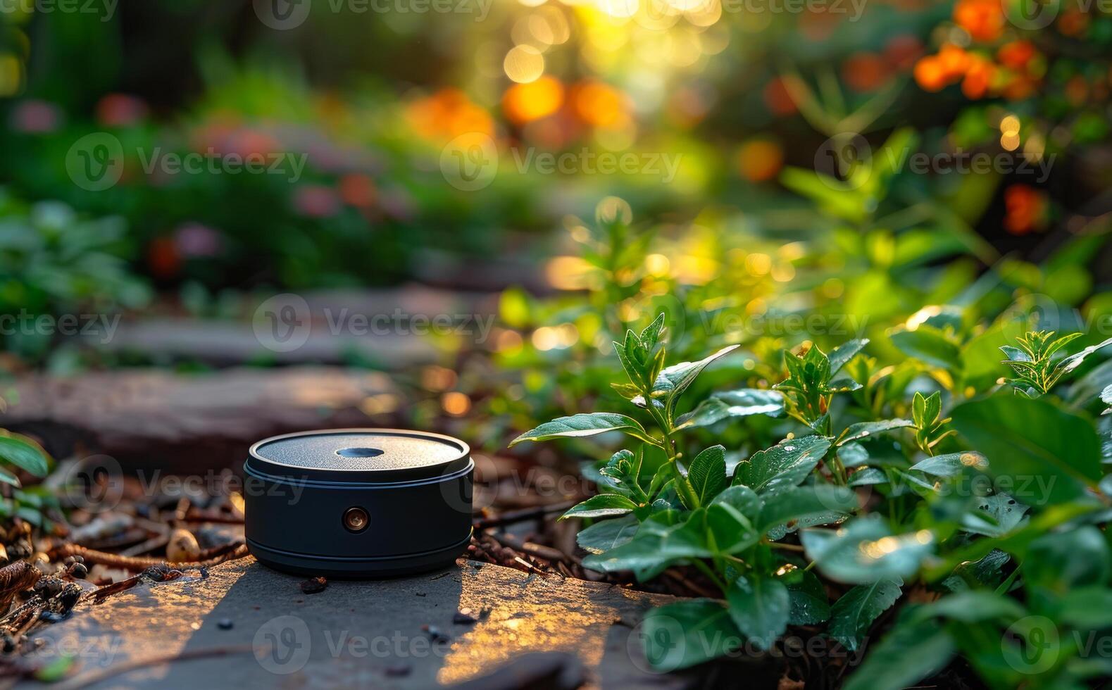 Black plastic pot is placed on stone in garden with flowers and plants in the background photo