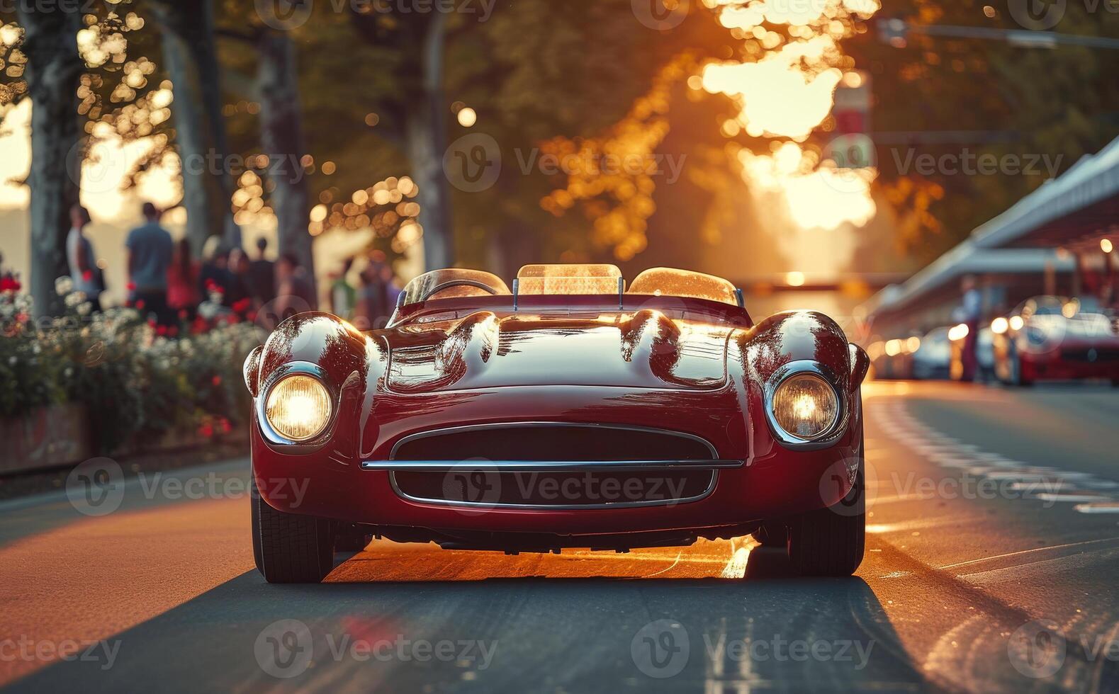Classic cars driving in the evening on small street photo