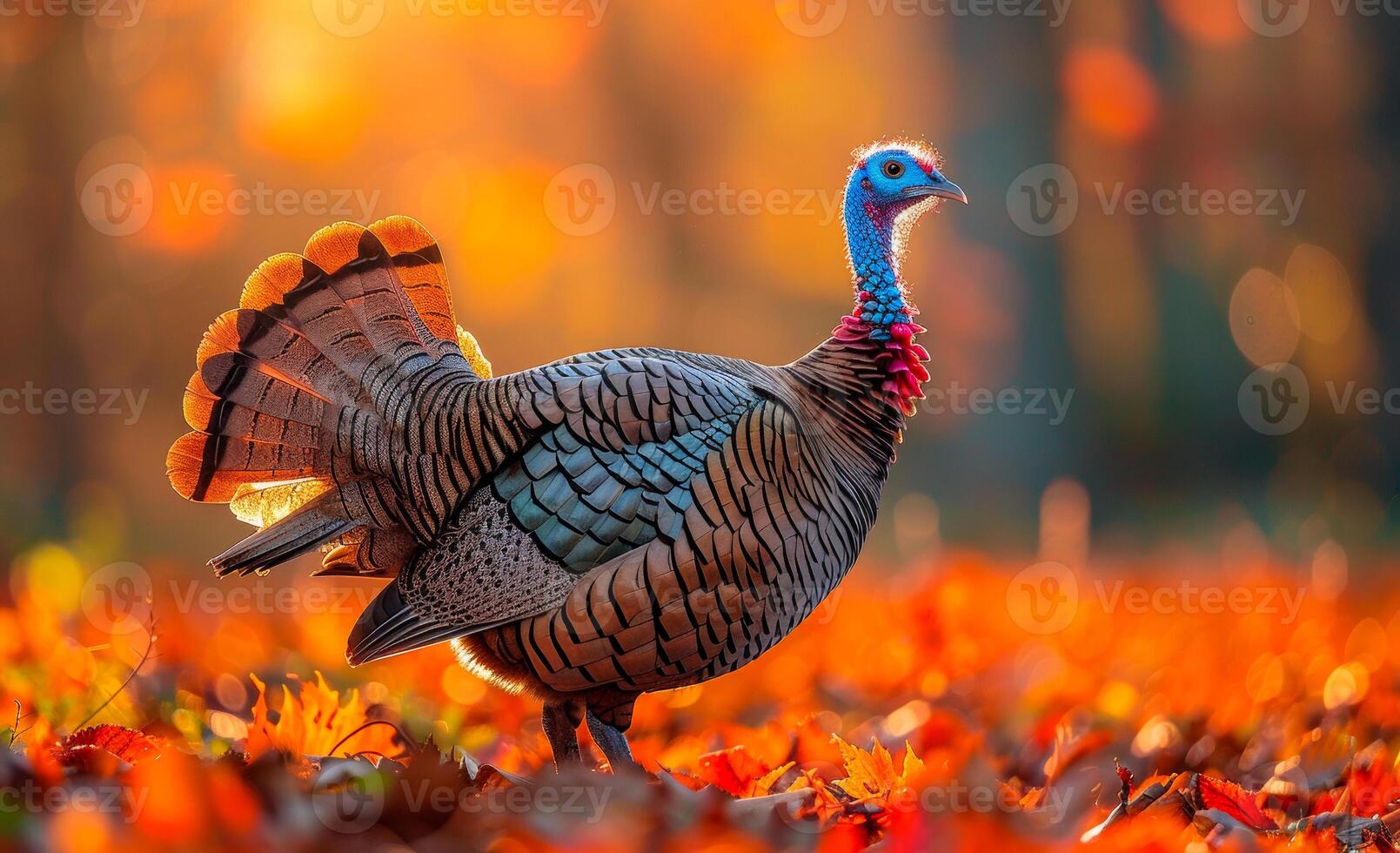 Wild Turkey or Wild Turkey with its tail up and colorful autumn foliage in the background photo