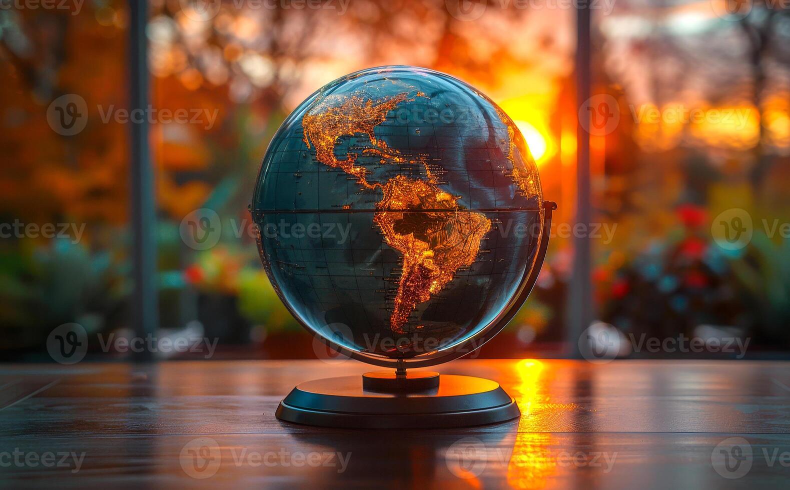 Globe of the world on wooden table and the background of beautiful sunset photo
