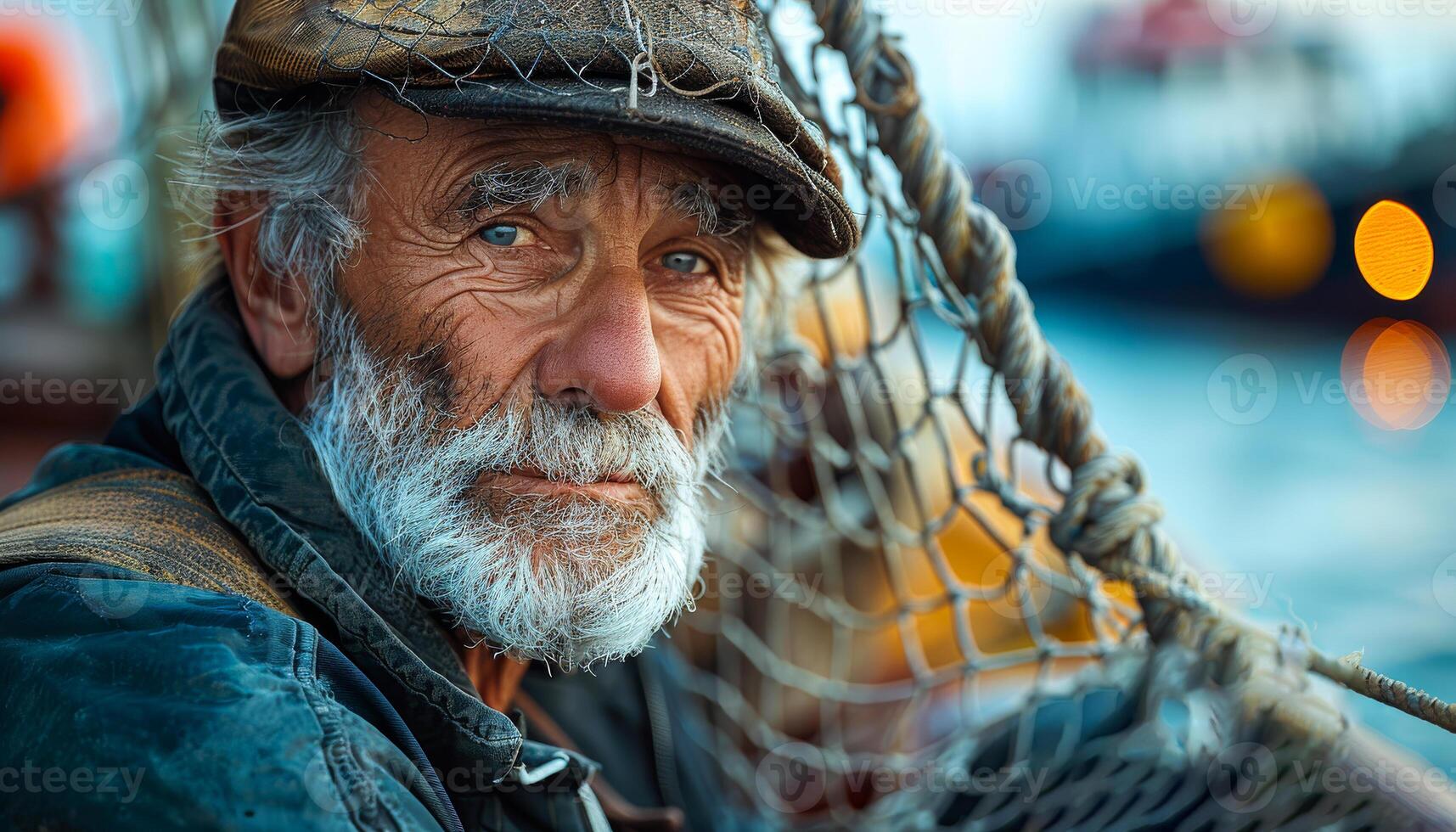 Portrait of old fisherman with white beard and hat sitting in the boat and looking at camera photo