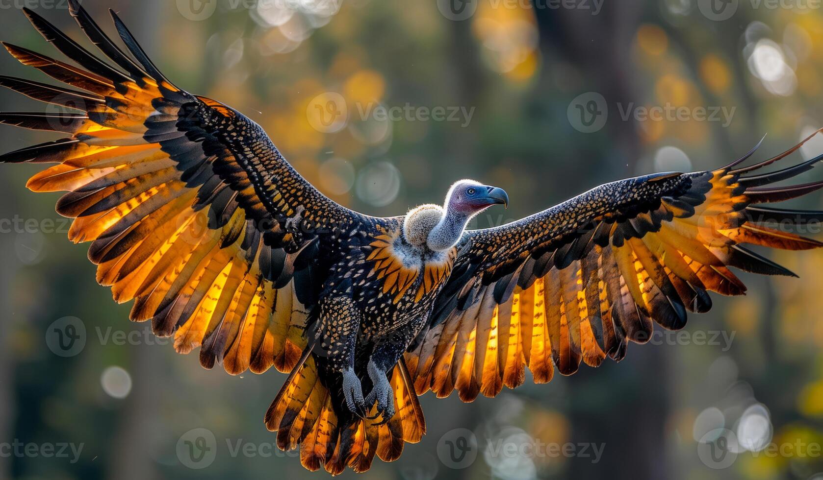 Large bird with long tail spreads its wings in the forest photo