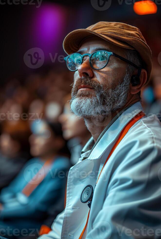 Man with beard and glasses sits in the audience and watches the performance. photo