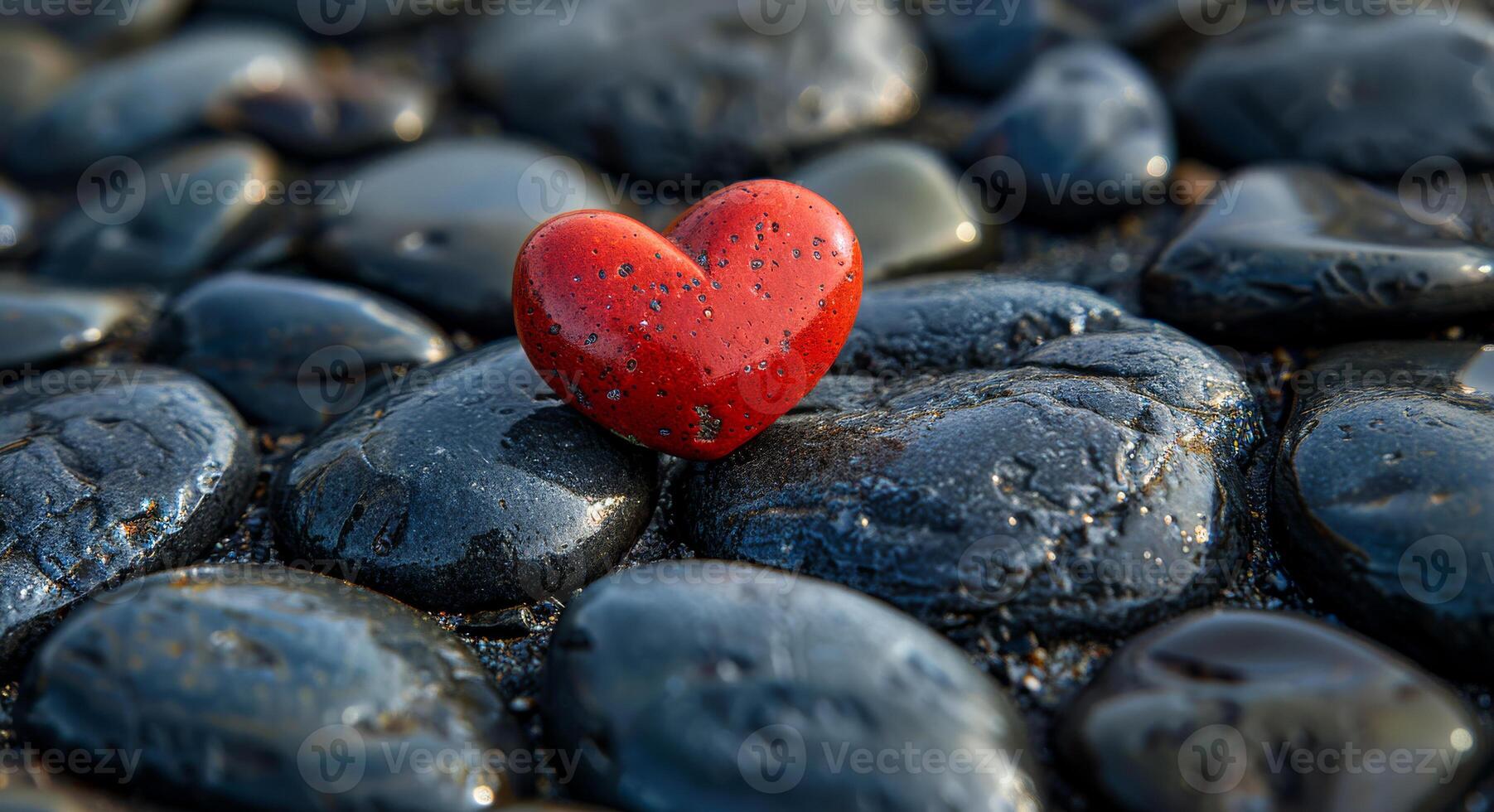 Red heart on wet black stones on the beach photo