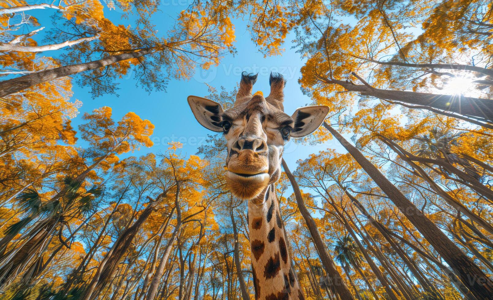 Giraffe looking up to the camera in the middle of the forest with trees around photo